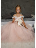 Peach Pearl Beaded 3D Flowers Tulle Flower Girl Dress With Train